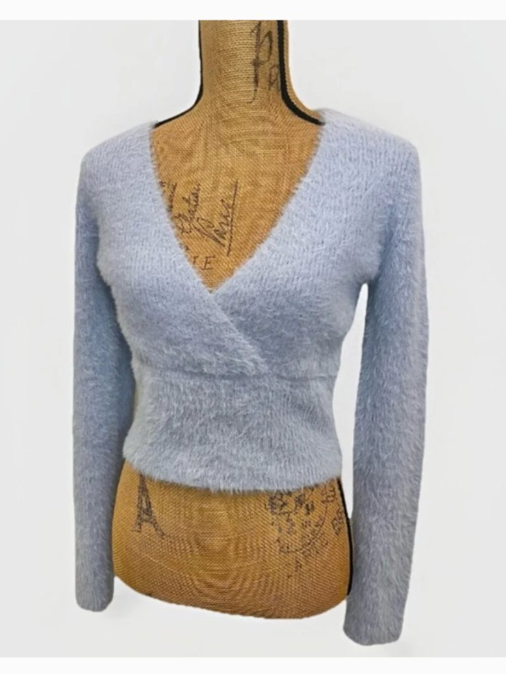 Pink Rose V-Neck Fuzzy Sweater Long Sleeves Light Blue NWT